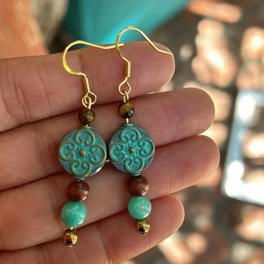 Handmade teal quartzite + tigers eye drop earrings